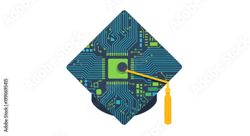 Graduation cap with circuit board design and yellow tassel
