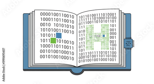Open book with binary code and data visualization