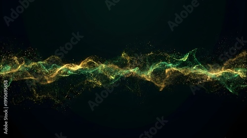 Abstract flow of luminous green and gold particles creating a wavy motion against a dark background