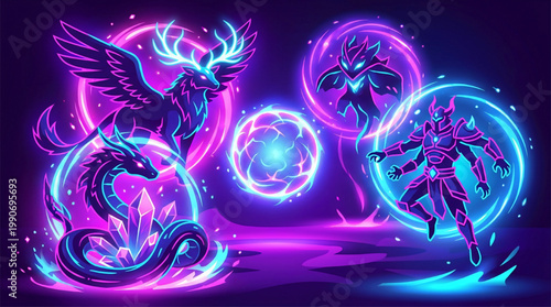 Fantasy battle with magical neon creatures