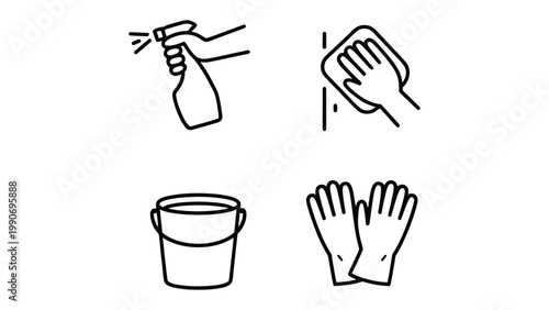 Cleaning Icon Set: A collection of simple line icons symbolizing the act of cleaning, featuring a spray bottle, a hand wiping a surface, a bucket, and a pair of gloves.