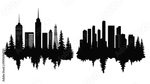 Silhouetted cityscape and forest with reflection, depicting urban and natural harmony