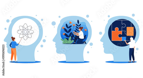 Mental health illustration set. Character with mental disorder fight against stress, depression, emotional burnout and other psychological problems. Psychotherapy concept. Vector illustration
