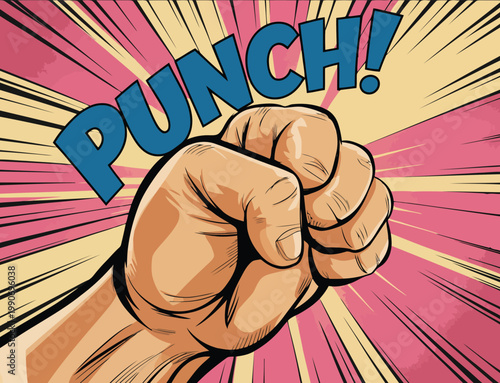 A vibrant pop art illustration features a strong human fist in a dynamic comic book style with PUNCH!