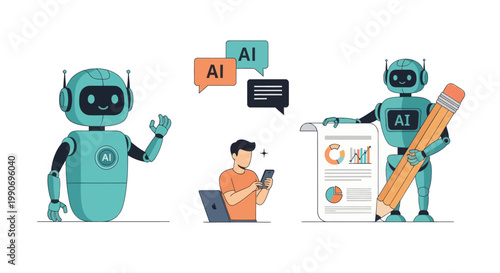 Artificial intelligence illustrations set. Collections of scenes with character communicating to AI chat bot. Neural network technology concept. Vector illustration
