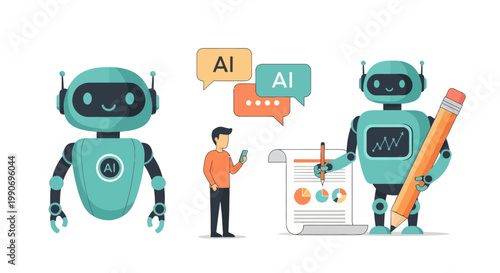 Artificial intelligence illustrations set. Collections of scenes with character communicating to AI chat bot. Neural network technology concept. Vector illustration