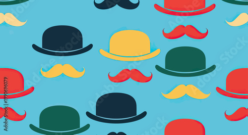 A repeating pattern of bowler hats and mustaches in bright colors