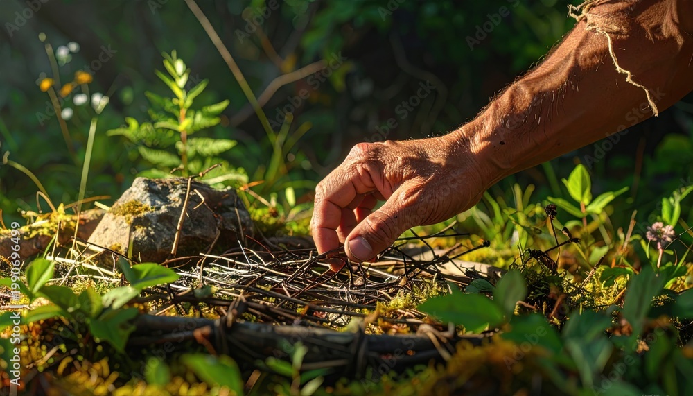 Obraz premium Expert hand assembling a primitive survival trap from twigs and wire amidst lush forest foliage