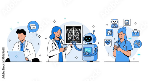 Artificial intelligence in medicine set. Doctor characters use ai tools for patient support, diagnosis, medical analysis. Healthcare technology concept. Vector illustration.