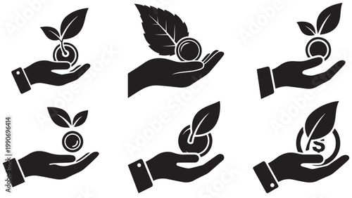 Set of eco friendly hands holding organic leaf growth and money saving icons