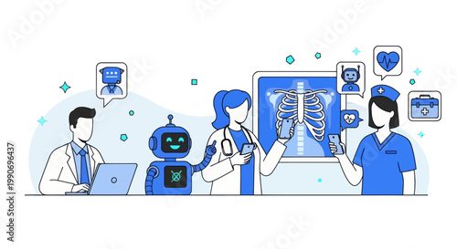 Artificial intelligence in medicine set. Doctor characters use ai tools for patient support, diagnosis, medical analysis. Healthcare technology concept. Vector illustration.