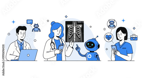 Artificial intelligence in medicine set. Doctor characters use ai tools for patient support, diagnosis, medical analysis. Healthcare technology concept. Vector illustration.