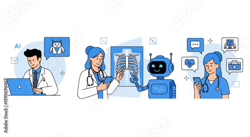 Artificial intelligence in medicine set. Doctor characters use ai tools for patient support, diagnosis, medical analysis. Healthcare technology concept. Vector illustration.