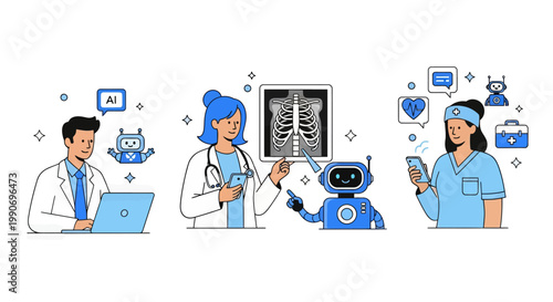 Artificial intelligence in medicine set. Doctor characters use ai tools for patient support, diagnosis, medical analysis. Healthcare technology concept. Vector illustration.