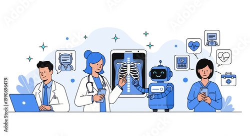 Artificial intelligence in medicine set. Doctor characters use ai tools for patient support, diagnosis, medical analysis. Healthcare technology concept. Vector illustration.