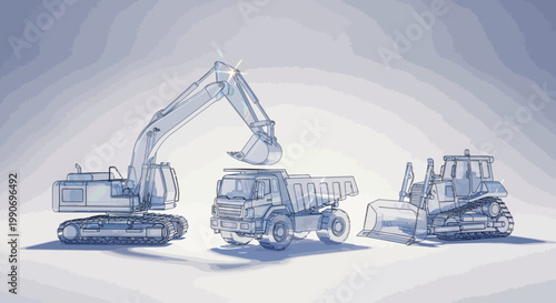 Modern digital wireframe illustration of construction stages, featuring heavy machinery bulldozer, dump truck, and excavator, in a stylized sequential design
