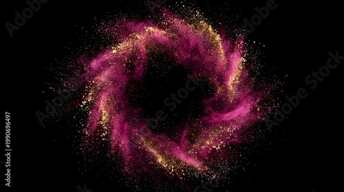 A dynamic swirl of pink and gold powder creating a vortex effect against a black background