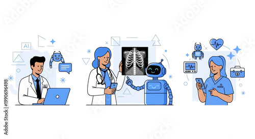 Artificial intelligence in medicine set. Doctor characters use ai tools for patient support, diagnosis, medical analysis. Healthcare technology concept. Vector illustration.