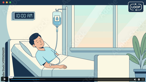 Patient Receiving Intravenous Fluid Therapy in a Hospital Bed with a Clock Displaying 1000 AM