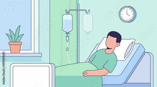 Minimalist illustration of a sick person undergoing intravenous drip therapy in a bright hospital room, reflecting modern healthcare and patient recovery