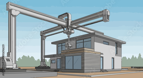 Cutting-edge robotic arm constructing a modern residential house, depicting the future of automated building, innovation, and smart architectural development