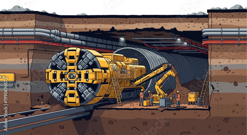 Detailed graphic representation of a modern tunnel boring machine in action, meticulously carving out a new underground route for urban infrastructure projects and public transportation networks