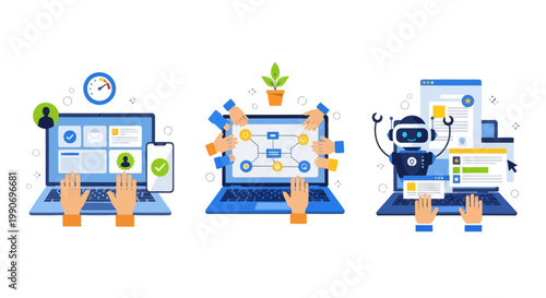 Workflow automation illustration set. Characters hands holding laptops showing smart dashboards, AI automated business processes on screen. Task management, onboarding, artificial intelligence tools