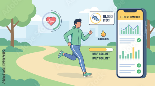 Man running with fitness tracker app on phone showing steps, heart rate, and calories burned