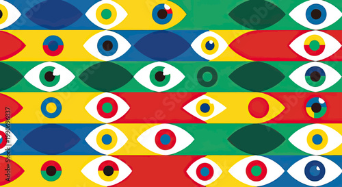 Repeating pattern of colorful, stylized eyes in horizontal rows