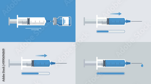 Step-by-step medical illustration of drawing liquid into a syringe and preparing an injection