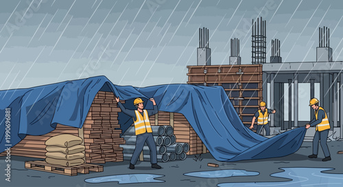 Workers in hard hats cover construction materials with a blue tarp during heavy rain on a building site