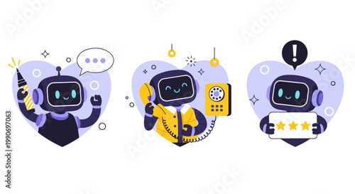 Ai customer support with robot operator character. Hotline, chatbot, helpdesk service vector illustration.
