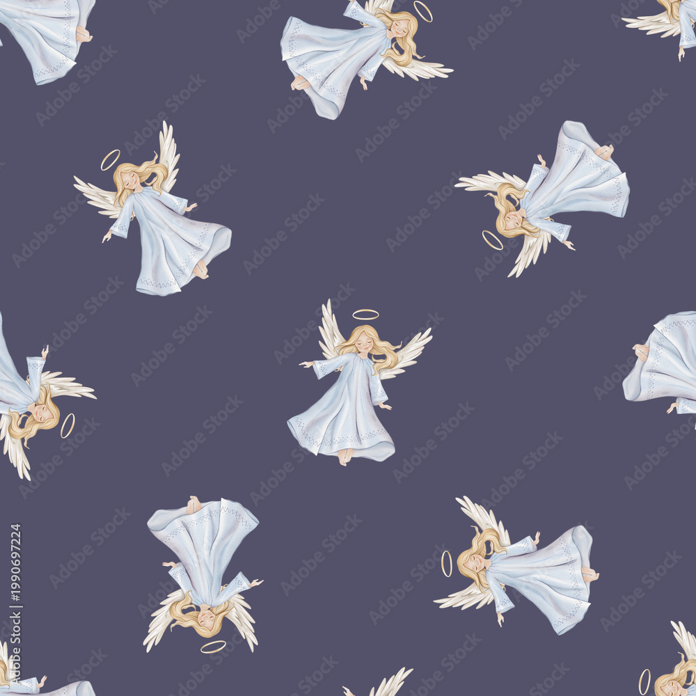 Obraz premium Seamless pattern with cute Christmas angel with light hair and blue dress in minimalist scandinavian style. Hand drawn illustration repeat ornament with children's design.