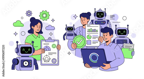 Character using virtual ai agent algorithms to structure data, improve accuracy, productivity. Automated document processing concept set. Vector illustration