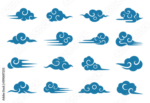 An appealing collection of traditional East Asian blue clouds with diverse swirling and flowing motion patterns