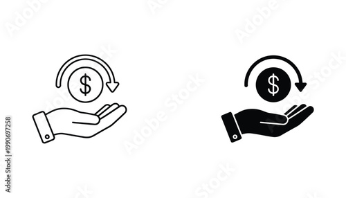 Hand holding coin with circular arrow icon representing cash back and financial refund service concepts
