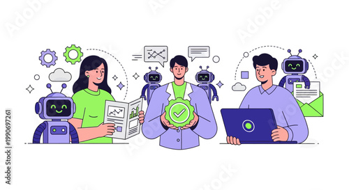 Character using virtual ai agent algorithms to structure data, improve accuracy, productivity. Automated document processing concept set. Vector illustration