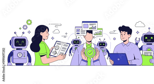 Character using virtual ai agent algorithms to structure data, improve accuracy, productivity. Automated document processing concept set. Vector illustration
