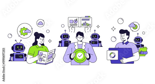 Character using virtual ai agent algorithms to structure data, improve accuracy, productivity. Automated document processing concept set. Vector illustration