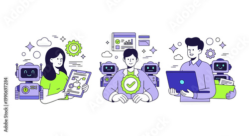 Character using virtual ai agent algorithms to structure data, improve accuracy, productivity. Automated document processing concept set. Vector illustration
