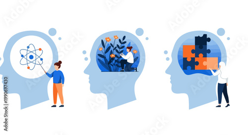 Mental health illustration set. Character with mental disorder fight against stress, depression, emotional burnout and other psychological problems. Psychotherapy concept. Vector illustration