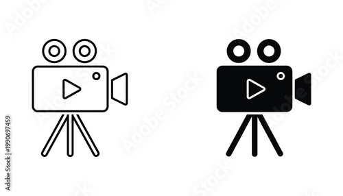 Vintage movie camera icon on a tripod in both outline and solid black vector styles for film production and multimedia content creation branding assets