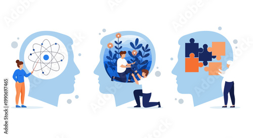 Mental health illustration set. Character with mental disorder fight against stress, depression, emotional burnout and other psychological problems. Psychotherapy concept. Vector illustration