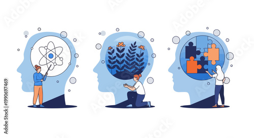 Mental health illustration set. Character with mental disorder fight against stress, depression, emotional burnout and other psychological problems. Psychotherapy concept. Vector illustration