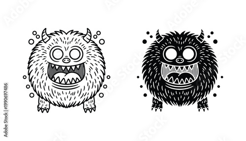 Friendly fuzzy monster character with horns and big eyes in both outline and solid black vector styles perfect for children book illustrations and fun brand mascots