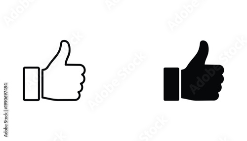 Thumbs up hand gesture as social media like icon set featuring both outline and solid vector graphic styles for user interface design and digital communication platforms