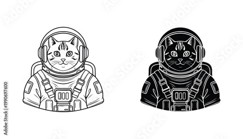 Cute cat wearing astronaut suit in space helmet line art and silhouette vector illustration for science fiction themed design projects and creative animal space exploration graphic asset collection