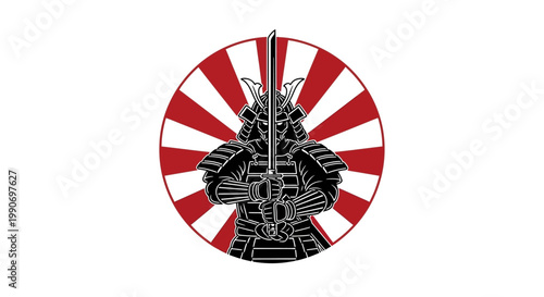 Traditional Japanese Samurai Warrior Armor with Red Sun Circle Background