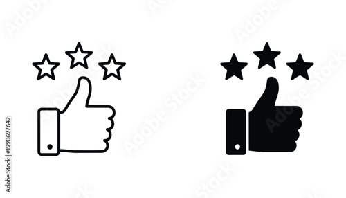Thumb up rating icon set with stars for customer feedback and quality review assessment symbols