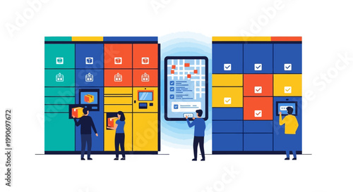 People interacting with large lockers.